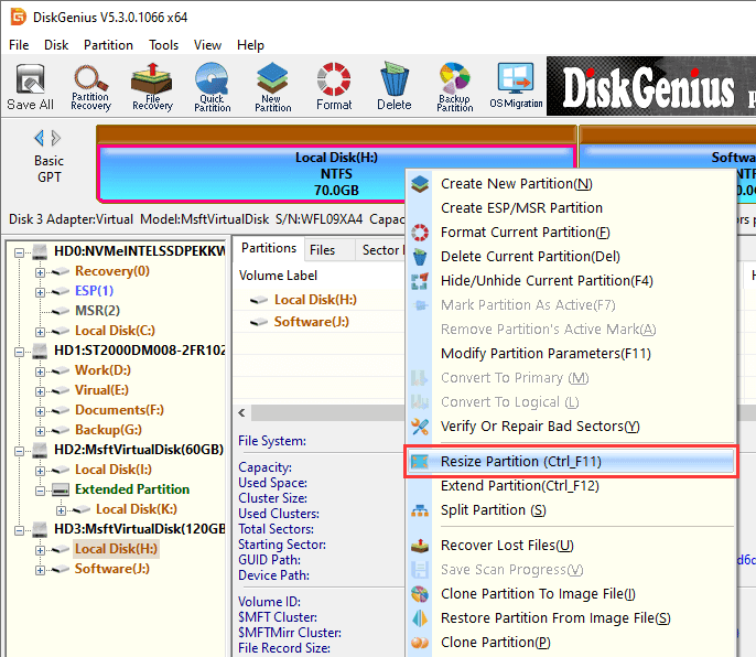 how to allocate hardrive disk space using disk genius