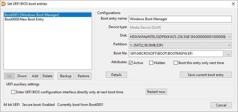 Manage UEFI BIOS Boot Entries in Windows
